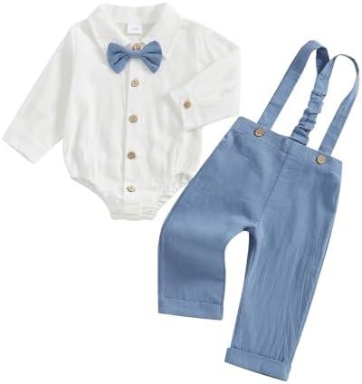 PUHHAPIEY Infant Baby Boys Gentleman Outfits Long Sleeve Bowtie Romper+Suspender Overalls Pants Set Wedding Set Formal Size 3-6M