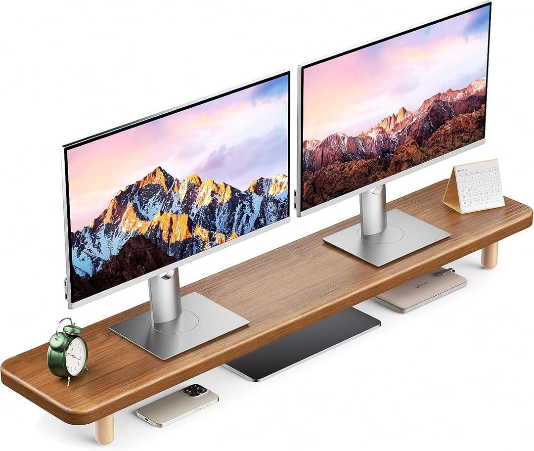 Dual Monitor Stand Riser, 39Inch Extra Long Wooden Desktop Monitor Riser with Storage for 2 Monitors Ultra Strong Desk Shelf Organizer Riser Ergonomic for 2 Screens/Laptop/PC/TV/Printer, Large, Walnut