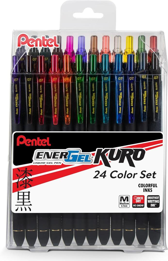 Pentel EnerGel Kuro Liquid Gel Pen, (0.7mm) Medium line, Assorted Ink, 24-pk