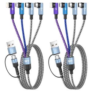 Travel Essentials 90 Degree Multi Charging Cable, 5FT 2Pack Nylon USB A/C Cord Right Angle 4 in 2 Charging Cable, USB Cable Charger Cord with Dual Type -C/Micro/L Port for iPhone 17 16 Galaxy S25 iPad