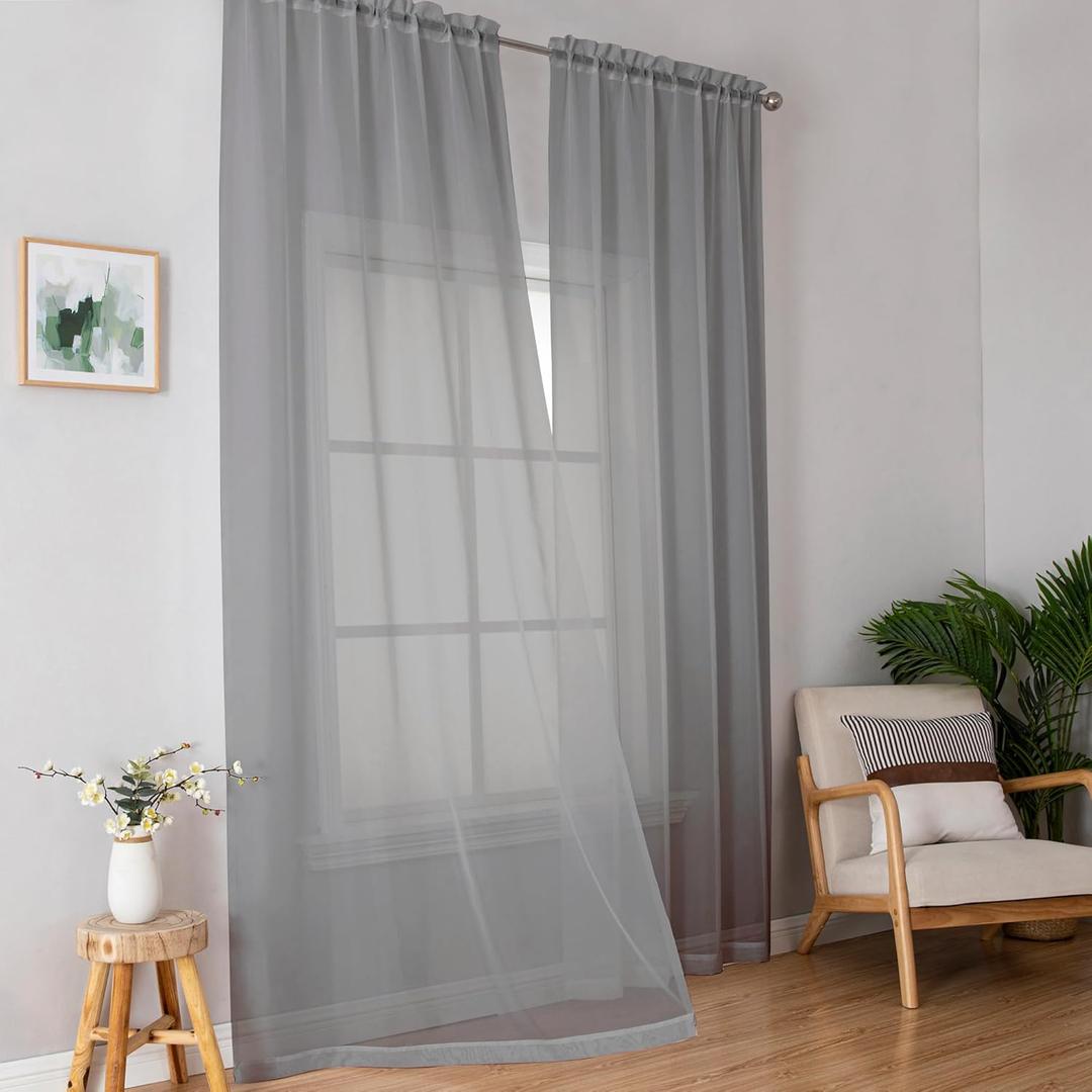 Simplebrand Grey Sheer Curtains 96 Inches Long, Light Filtering Rod Pocket Solid Color Window Sheer Curtain Panels, Elegant Curtains & Drapes for Living Room, 2 Panels (Charcoal Grey, 42" W x 96" L)