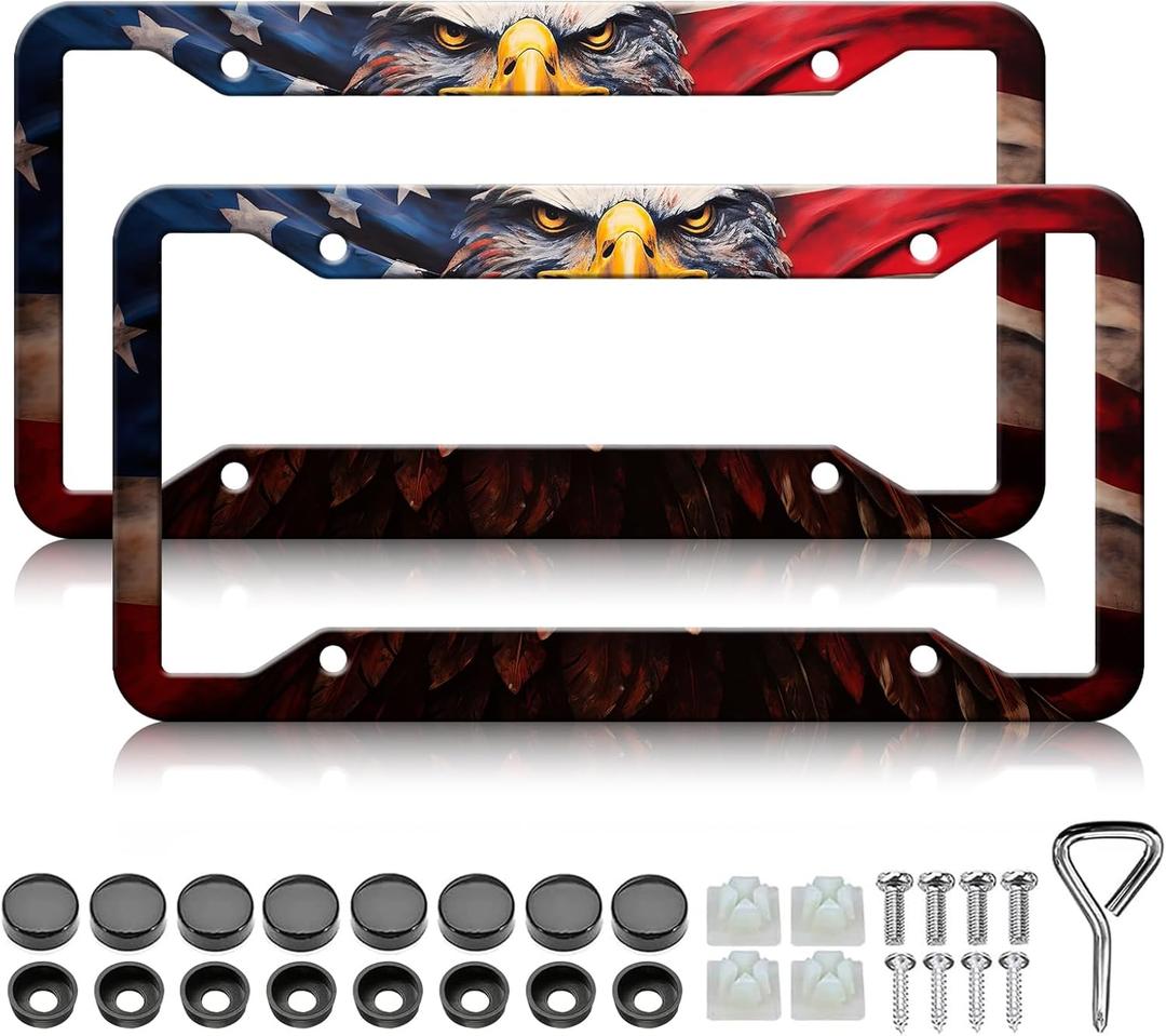 American Flag Eagle License Plate Frames - 2 Pack Patriotic Eagle License Plate Holder, Aluminum Metal Rust-Proof Waterproof Car Decorative Tag Frame for Standard US 12x6 Inch