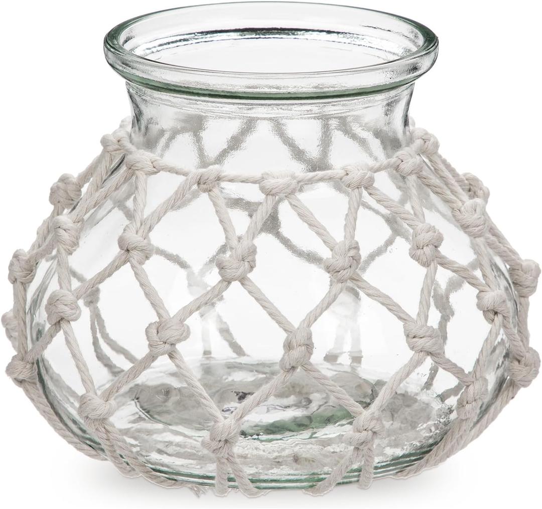 Hollyone Clear Glass Vase with Cotton Rope Cover Woven Round Glass Vase Decorative Flower Bottle Modern Vase for Table Centerpiece Farmhouse Wedding Home Decor