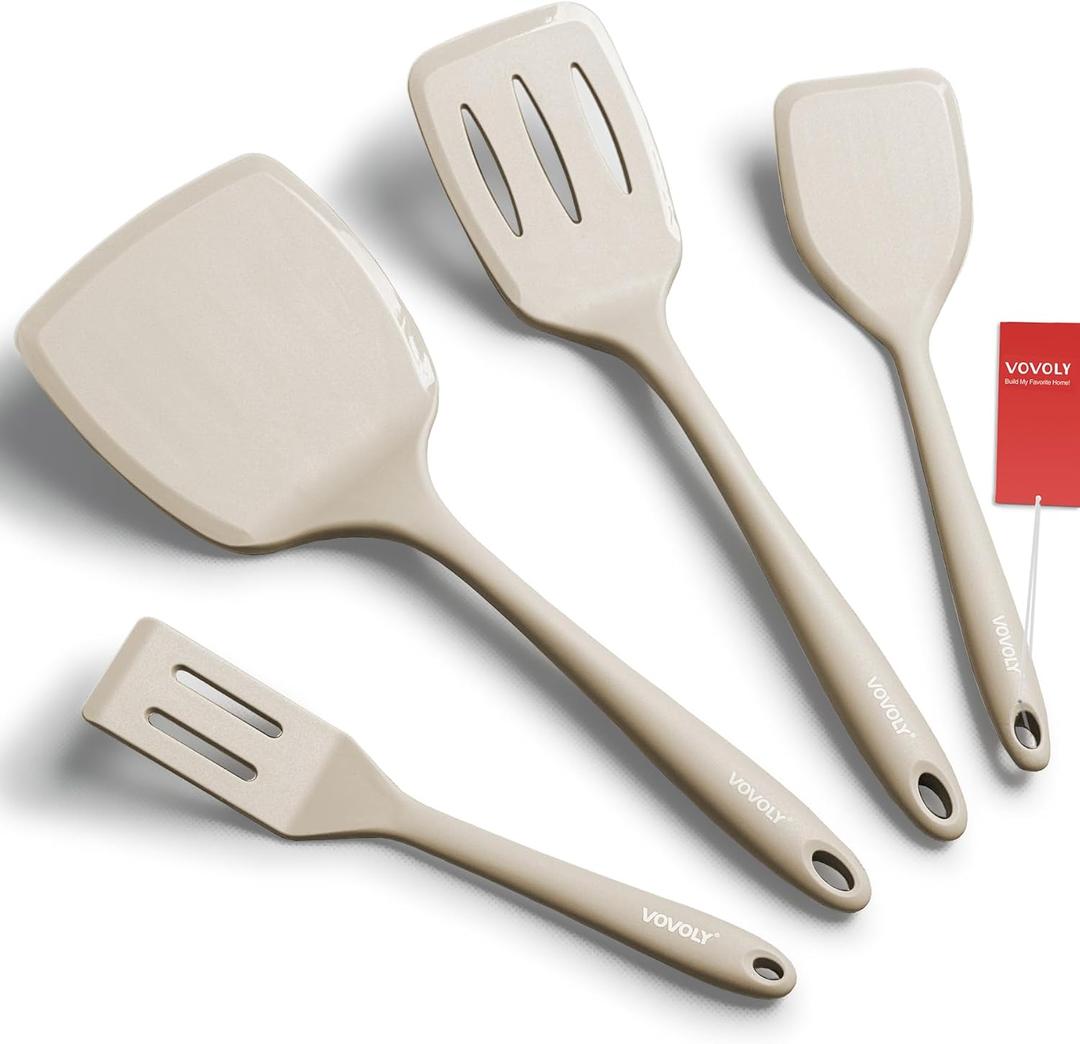 Silicone Spatula Set, 600F Heat Resistant Silicone Spatula Turner Flipper for Cooking, Non Stick and Non Scratch Kitchen Utensils for Eggs & Pancakes, 4 Pack,Khaki
