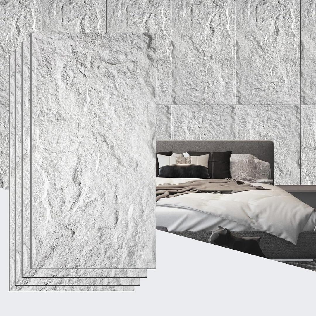 4Pcs Faux Stone Wall Panel 43.3''x23.6'',Lava Stone Design, White | PU Stone Wall Panel for Interior Wall Decor, Bedroom, Living Room, Office