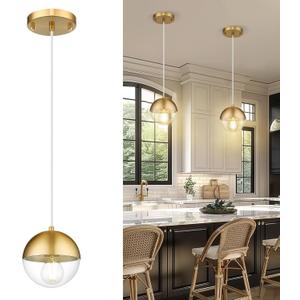 LMS 6-inch Modern Pendant Light, Brushed Gold Industrial Kitchen Island Pendant Light with Clear Globe Glass, Adjustable Hanging Pendant Light Fixtures for Dining Room Living Room, LMS-186BGCS