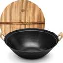 WANGYUANJI 14.2" Cast Iron Wok with Lid, Hand Hammered Chinese Wok Pan, Flat Bottom Stir Fry Pan for Induction, Gas & Electric Stoves, Uncoated Non-Toxic, Dual Handles