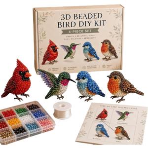 YADUO Tiny 3D Beaded Animal DIY Kit, Easy DIY Beading Embroidery Kit with 4 Cute Designs, Cute Bird & Animal Beading Craft Set, Handmade Bead Art Mosaic Kit for Adults,Beginners (Backyard Birds)