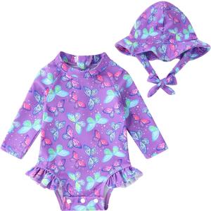 Infant Baby Girl Swimsuit One-Piece Long Sleeve Rash Guard with Hat Set Floral Zipper Bathing Suit Leopard Beach Wear(0-3M,Purple#Butterfly)