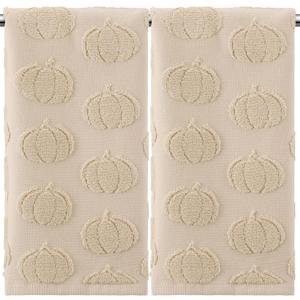 Mindsoft 2 Pcs Fall 3D Beige Pumpkin Jacquard Hand Towels for Bathroom Thanksgiving Pumpkin Towels Autumn 100% Cotton Soft Absorbent Decorative Weave Bathroom Decor Gift, 13.7 x 29.5 Inch