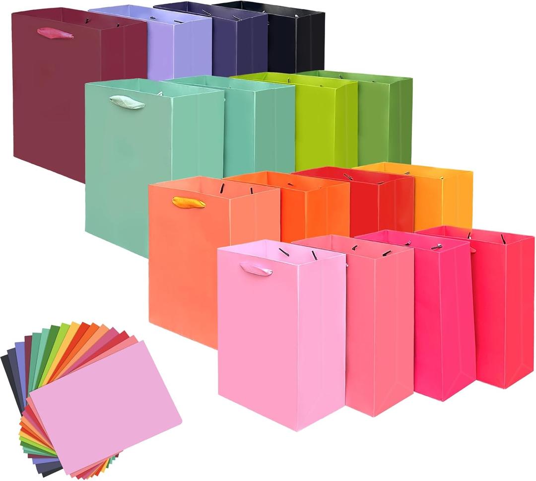 qiqee 16PCS 16 Colors Mini Gift Bags with Tissue Paper Handles 6.3"x4.7"x2.4" Small Size Present Party Favor Bags Tissue Paper  (Multi)