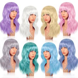 Crowye 8 Pcs 12" Colorful Party Wigs Shoulder Length Wigs for Women Wavy Bob with Air Bangs Curly Short Synthetic Colorful Costume for Cosplay Bachelorette Party(Light Color)