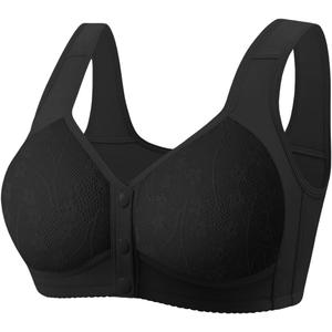 Daisy Lace Bras for Women Front Closure No Underwire Comfort Senior Wireless Snap Closing Bra (Z Black)