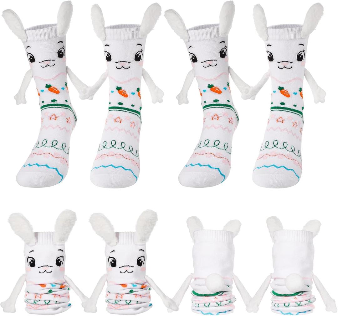 2 Pair Cute Bunny Magnetic Socks for Kids Adults Holiday Holding Hands Socks Funny Gifts