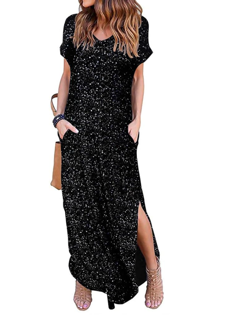 HUSKARY Women's Summer Maxi Dress Casual Loose Pockets Long Dress Short Sleeve Split Maxi Dresses XXL