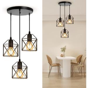 CANMEIJIA 3-Light Pendant Light Fixtures, Farmhouse Kitchen Island Light Fixture, Industrial Hanging Pendant Lighting for Dining Room Bedroom, Black Metal Cage Pendant, E26 Base, Bulbs Not Included