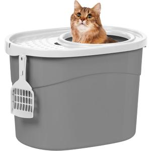 IRIS USA Cat Litter Box, Large Top Entry with Litter Catching Lid and Scoop, Dog Proof, Enclosed Cat Litter Box, Gray/White