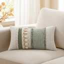 Kevin Textile 12x20 Inch Lumbar Throw Pillow Cover 1 Pack Boho Decorative Cotton Thread Woven Textured Tassel Rustic Farmhouse Rectangle Cushion Cover for Couch Sofa Chair Bed, Green