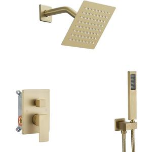 Brushed Gold Shower System 6 Inch Bathroom Luxury Rain Mixer Shower Combo Set Wall Mounted Rainfall Shower Head and Handheld System Shower Faucet Set Rough-in Valve Body and Trim Kit