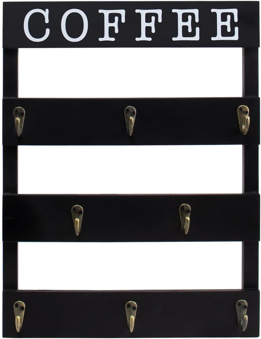 Solid Wood Coffee Mug Holder Wall Mounted, Rustic Cup Rack with 8 Hooks Large Space for Big Cups for Kitchen, Home, Coffee Bar Station (Black)