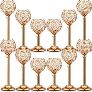 12 Pack Crystal Candle Holders Gold or Silver Candle Holders Bulk Decorative Tealight Candle Holder for Wedding, Party, Christmas Table Centerpieces Decoration (Gold)