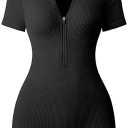 OQQ Women Rompers Ribbed Short Sleeve Zip Front Stretch Tummy Control Yoga Workout Rompers, Size L