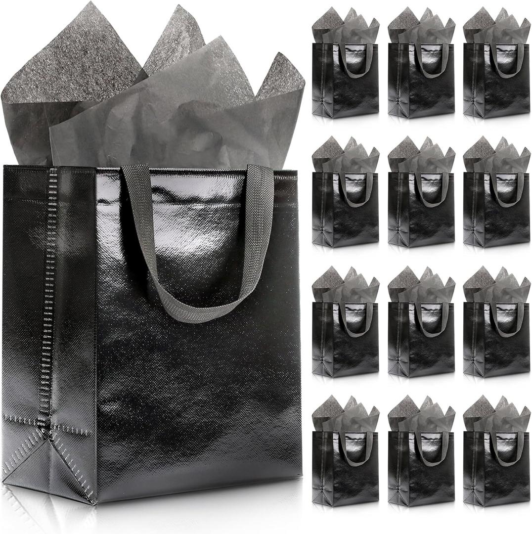 KeerxunBag 12pcs Reusable Gift BagsIncludes Tissue Paper Gift bag with handle Birthdays Parties Holidays Weddings Medium 10x4x8in Black Gift Bags
