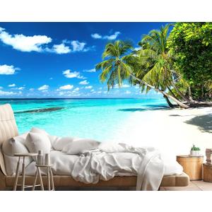 Reyhui Palm Tree Wall Mural Tropic Paradise Beach Seascape Murals Wallpaper for Walls Bedroom Living Room Bedroom TV Background Kids Room DecorationNot Peel and Stick