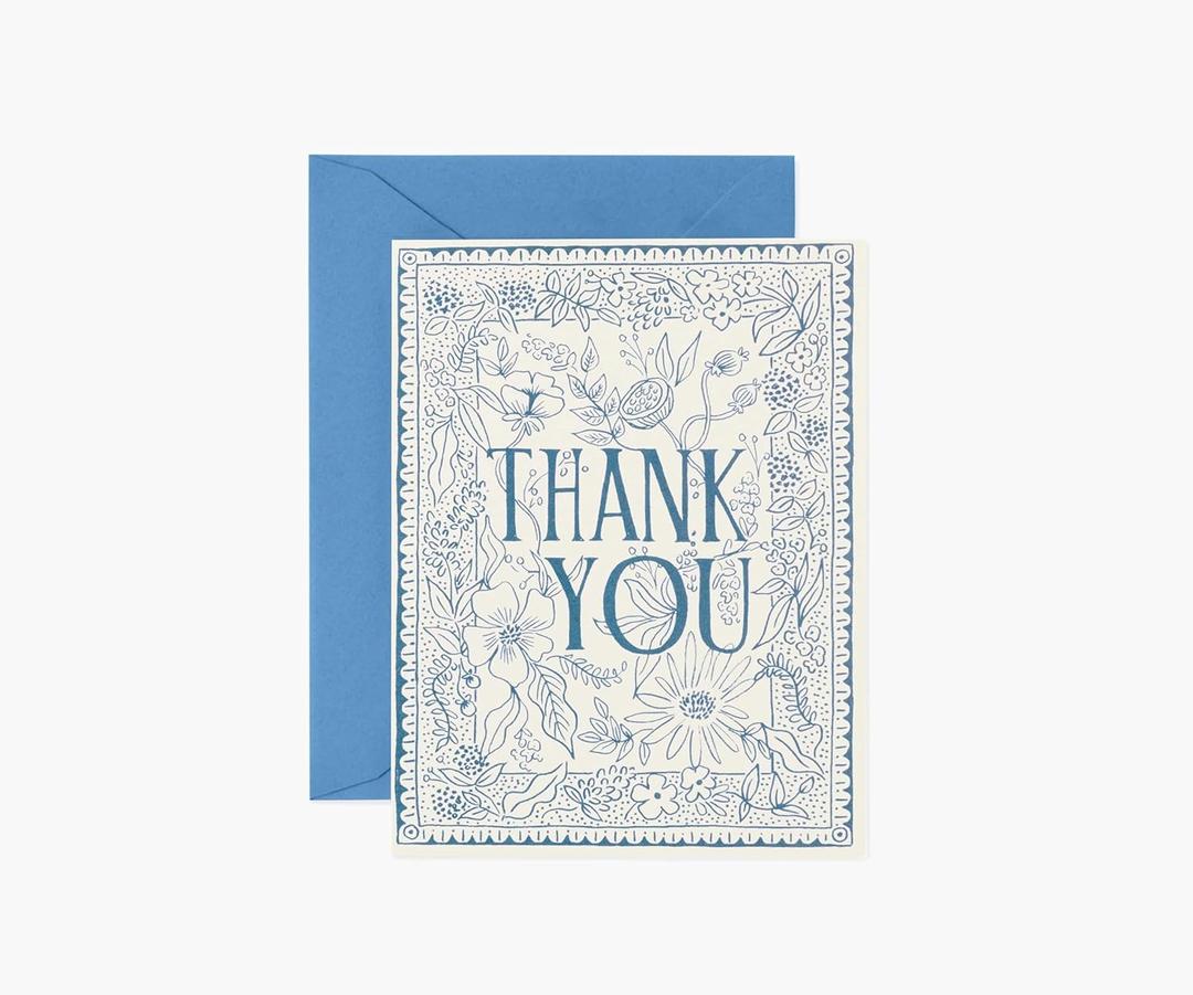 RIFLE PAPER CO. Delft Thank You Cards, Keepsake Boxed Set of 8 with Adriatic Blue Envelopes, Full-Color Illustration, Blank Interior, 4.25" L x 5.5" W