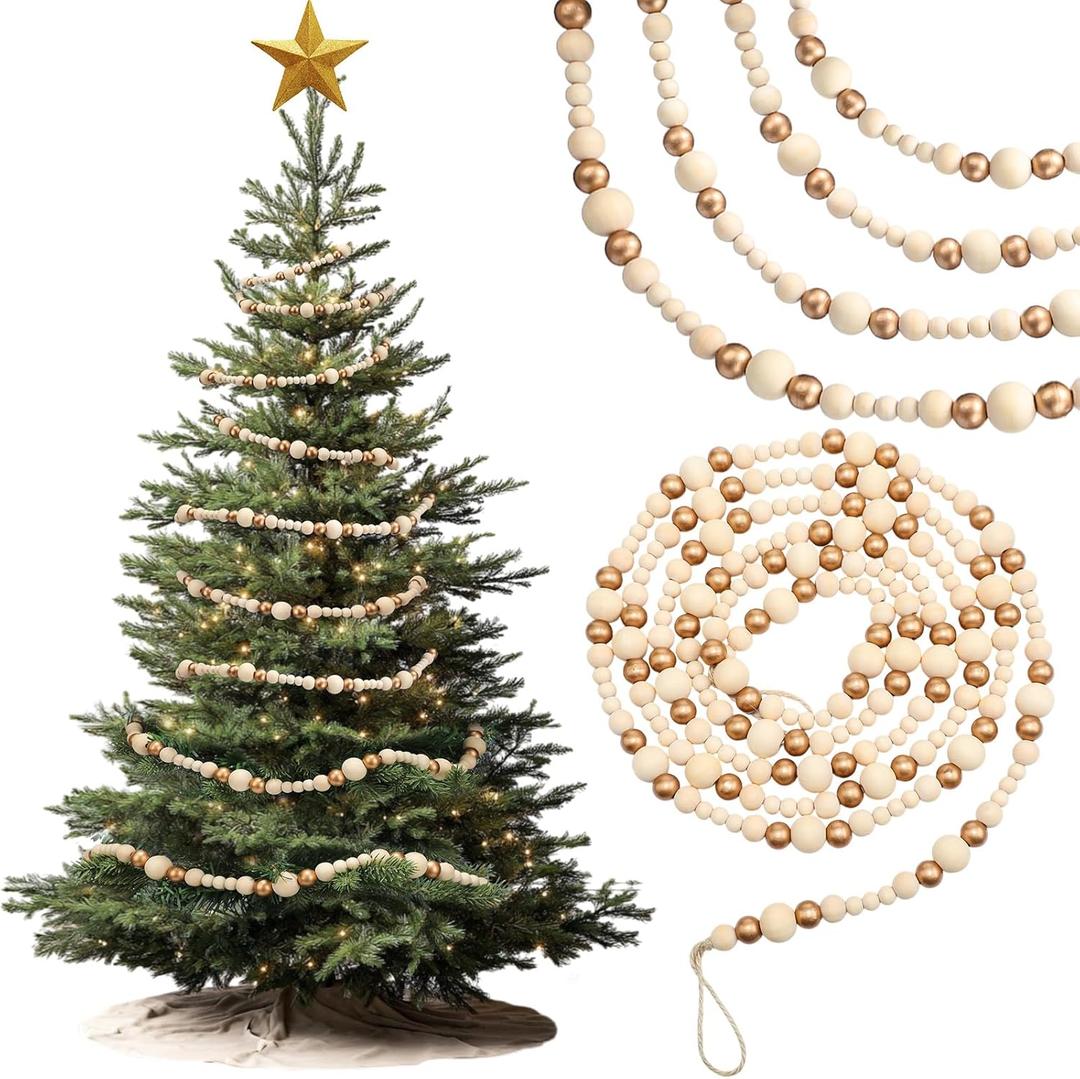 27 ft Long Christmas Wood Bead Garland 3 Pcs 9 ft Wood Christmas Tree Garland Decoration Vintage Beaded Garlands for Xmas Wedding Holiday Farmhouse Home Boho Decor(Gold, Wooden Color)