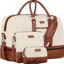 Weekender Bag for Women, Large Overnight Bag Canvas Travel Duffel Bag Carry On Tote with Shoe Compartment 21" 3Pcs Set (A01-brown+beige)