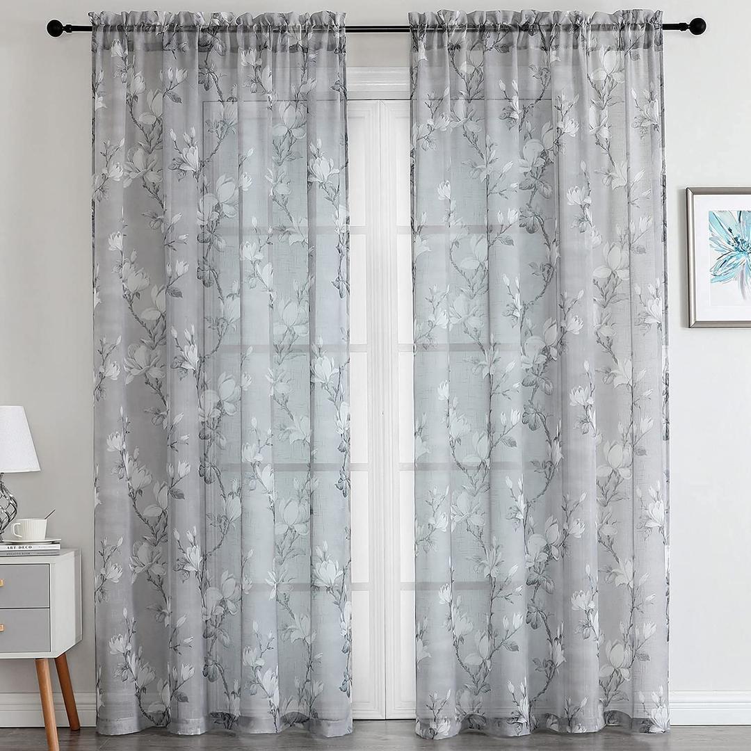 SMILE WEAVER Grey Sheer Curtains 84 inch Length for Living Room,Light Filtering Curtain for Bedroom,Linen Textured Floral Semi Sheer Curtain Rod Pocket Window Drapes for Kitchen,2 Panels