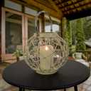 Lantern Candleholder, Woven Rope Construction, Bleached Sand, Modern Design and Finish, Includes Metal Handle, 9 Inches