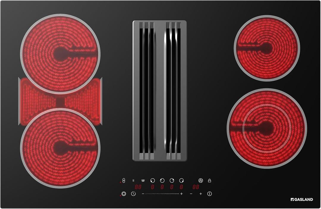 GASLAND 31.5 Inch Electric Cooktop with Downdraft Exhaust, 4 Burners 80cm Glass Radiant Stovetop 220V, 3-speed Max. 330 CFM Downdraft Vent