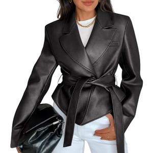 MEROKEETY Women's Fall Fashion 2025 Leather Jacket Casual Belt Button Down Blazer Trendy Coat Outerwear (Medium, Black)