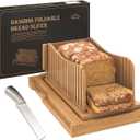 Bamboo Bread Slicer with Serrated Knife, Adjustable Guide for 3 Thickness Sizes, Foldable Chopping Board with Crumb Tray, Great for Homemade Bread, Cakes, Bagels