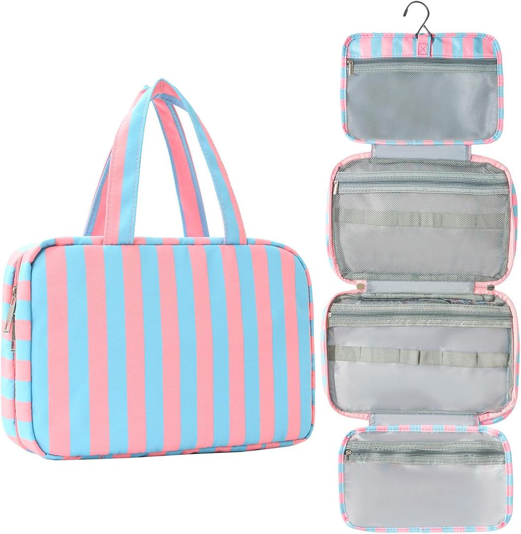 Toiletry Bag for Women Travel Water-resistant Cosmetic Bag Fashion Stripes Makeup Bag with Hanging Hook Preppy for Store Toiletries Cosmetic Accessories Medium Rose Red