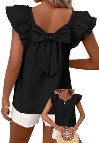 Falechay Womens Bow Tie Back Tops Round Neck Ruffle Short Sleeve Shirts Cute Babydoll Chiffon Tee Women Summer Trendy Tunic Size XL Falechay Womens Bow Tie Back Tops Round Neck Ruffle Short Sleeve Shirts Cute Babydoll Chiffon Tee Women Summer Trendy Tunic Size XL