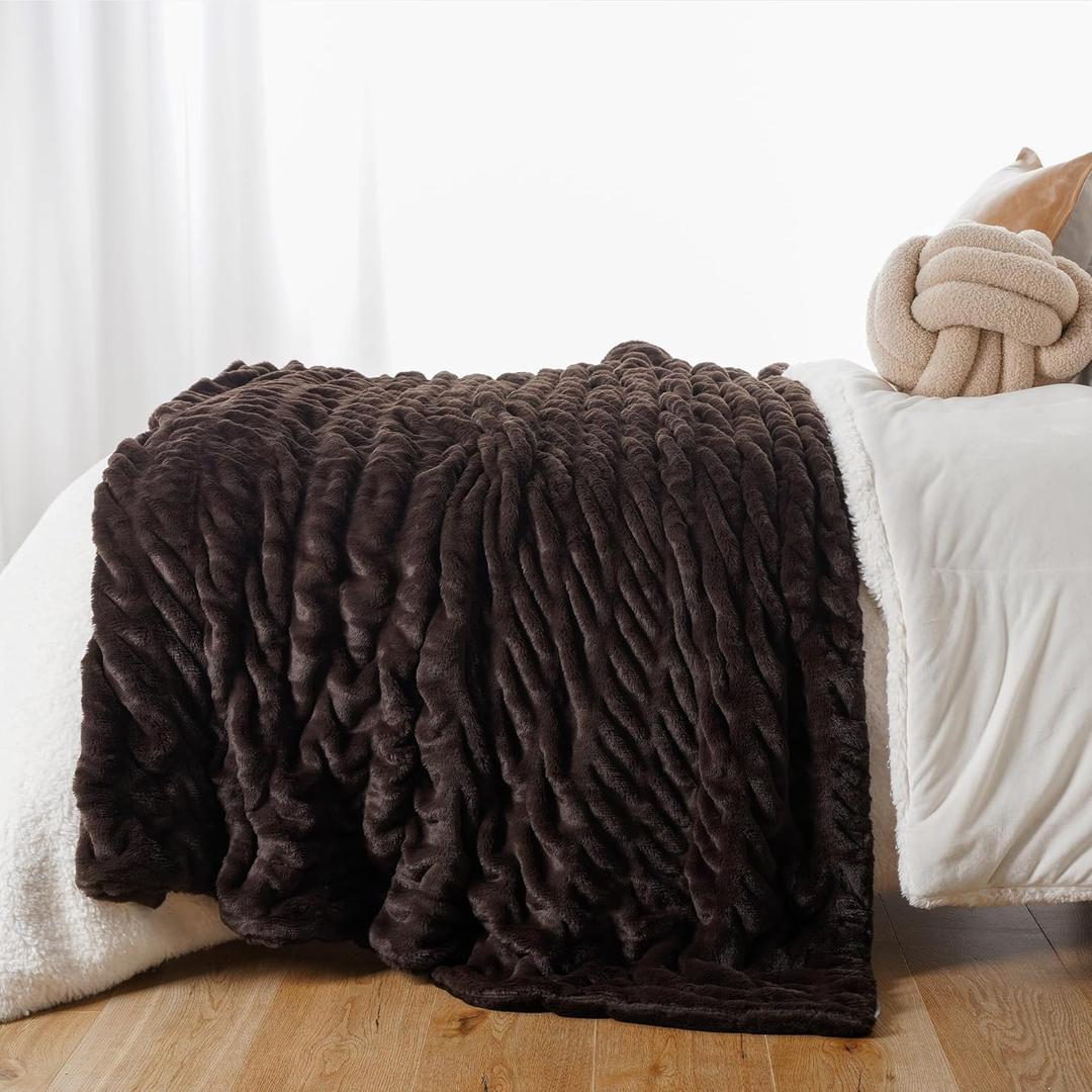 BATTILO HOME Dark Brown Faux Fur Throw Blanket for Bed, Double Side Reversible Ruched Faux Rabbit Fur Throw for Couch, Bed, Super Soft Blanket Cozy Warm Mink Blanket, 60"x80"