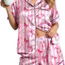 Womens Silky Pajama Sets Short Sleeve Loungewear 2 Pcs Satin Soft Pj Sets Button Down Women's Summer Sleepwear (Pink Bow)