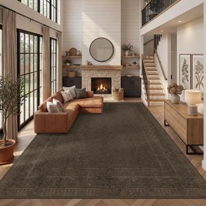Brown Vintage Washable 9x12 Area Rug for Living Room, Bedroom & Dining Room, Non-Slip Low Pile Stain Resistant Floor Carpet, Modern Farmhouse Décor