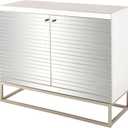 Deco 79 Glass 2 Door Cabinet with Linear Striped Panels and Gray Iron Base, 47" x 18" x 38", Silver