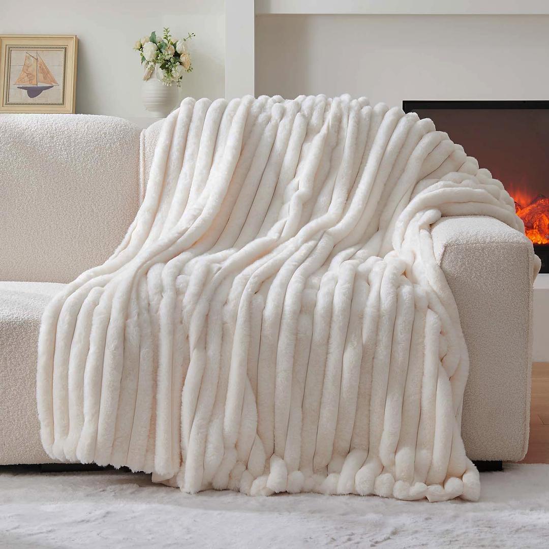 Lotus Karen Faux Fur Twin Blanket for Couch, Cozy Soft Fluffy Fuzzy Cream White Blanket, Striped Warm Thick Furry Plush Shaggy Small Blankets for Women,60x80 Inches