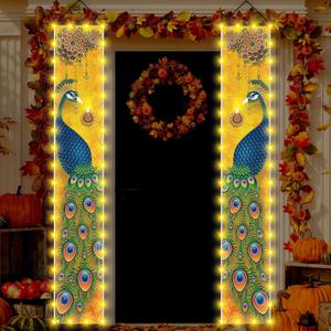 Happy Diwali Porch Banner with Lights Indian Diwali Peacock Front Porch Welcome Sign Deepavali Indian Festival of Lights Decorations-1271''