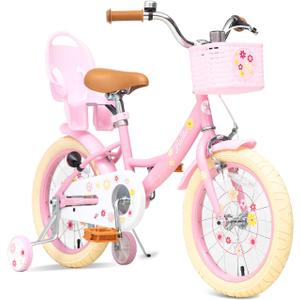 Girls Bike with Basket for Toddlers and Kids Aged 3-14, 12 14 16 18 Inch with Training Wheels, 20 Inch with Kickstand & Rear Rack, Princess Style Bicycle with Doll Seat & Daisy Prints for Gift (Pink)