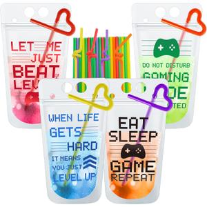 2 x 24 Pcs Video Game Party Favors Cups Video Gaming Themed Plastic Drink Pouches with Straws Clear Zipper Bags Reusable Pouches for Birthday Decor Party Favors Gift Prizes (Red/blue/green/orange)