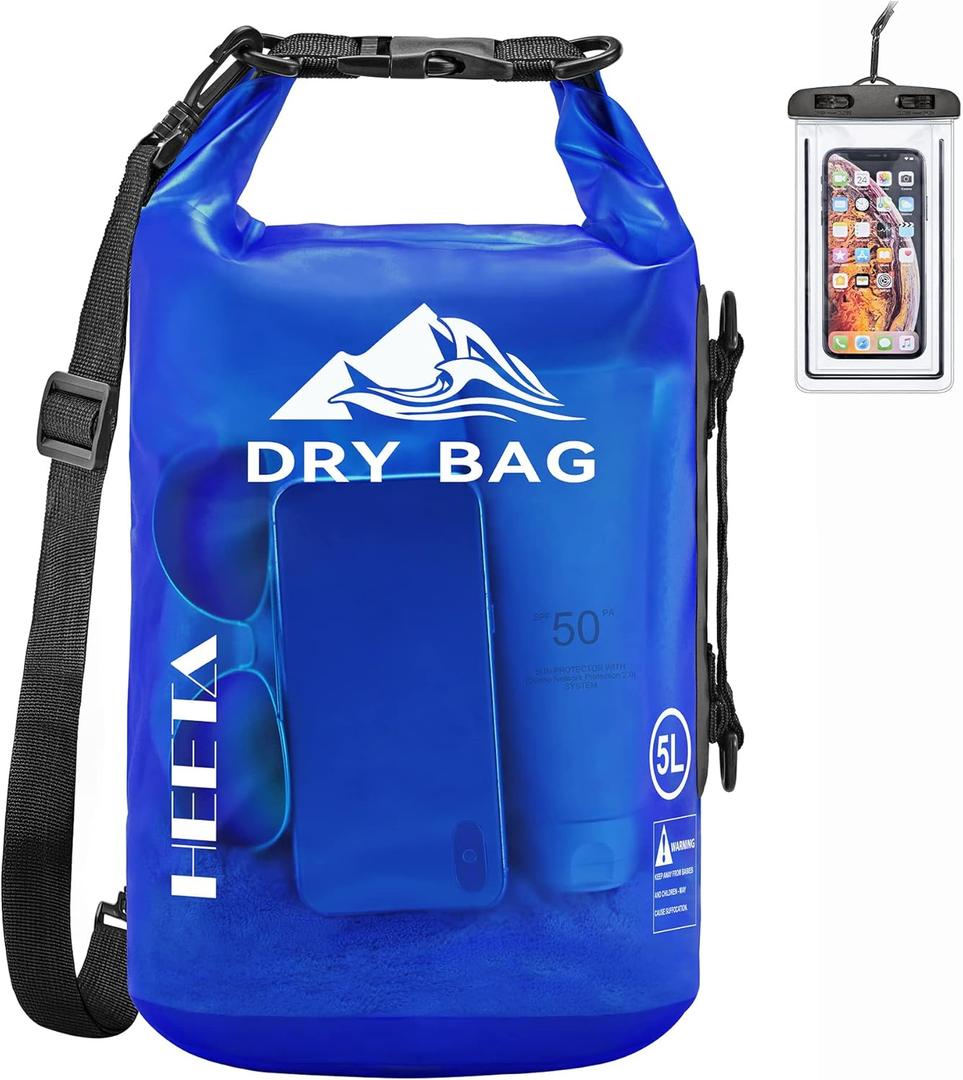 HEETA Dry Bag Waterproof for Women Men, 10L Roll Top Lightweight Dry Storage Bag Backpack with Phone Case for Travel Swimming Boating Kayaking Paddle Board Camping Beach Accessories (Navy Blue)