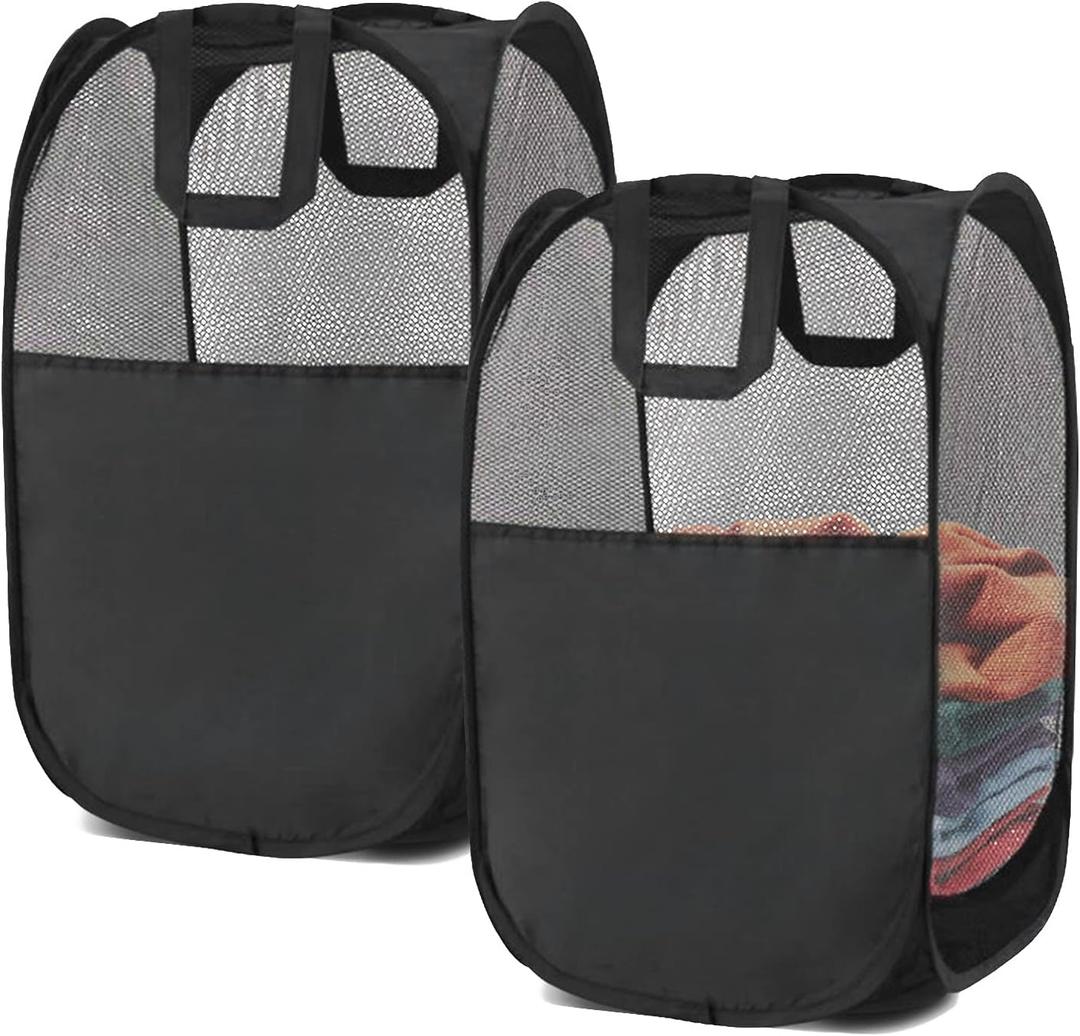 2 pop-up Laundry Hamper, Foldable mesh Laundry Baskets (Each with 2 Reinforced Handles), Black