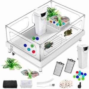 GOZILLA Small Turtle Tank with Filter, Acrylic Aquarium Turtle Tank Starter Kit with Multi-Functional Areas for Tortoise, Crabs, Crayfish, Small Reptiles. (White+Filter)