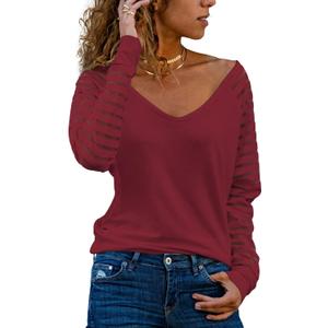 AISEW Womens Long/Short Sleeve V Neck T-Shirt Striped Sheer Mesh Raglan Tees Loose Casual Tops (Red, L)